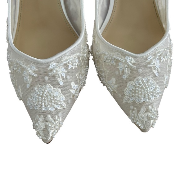 Betsey Johnson Nikki Embroidered Embellished Bridal White Slingback Heels - Picture 2 of 9